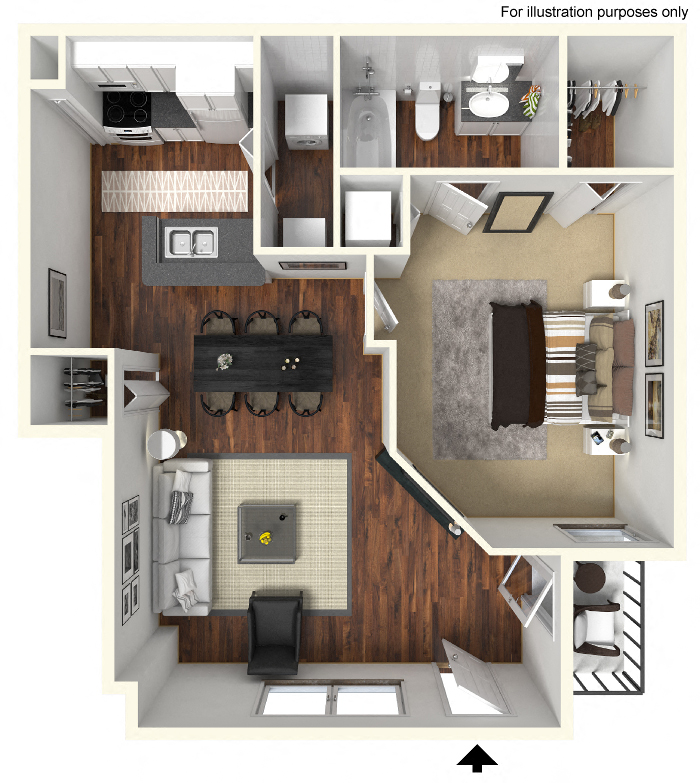 Floor plan for 1 bed, 1 bath, 714 sqft